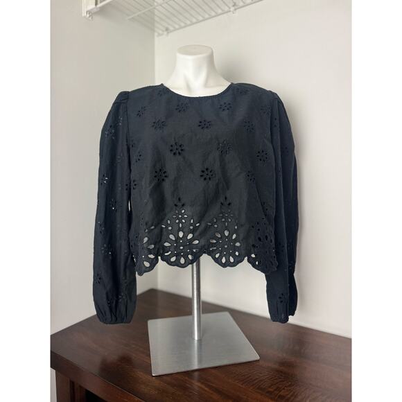 American Eagle Tops - American Eagle Black Long Sleeve High Neck Crop with Floral Pattern Cutouts